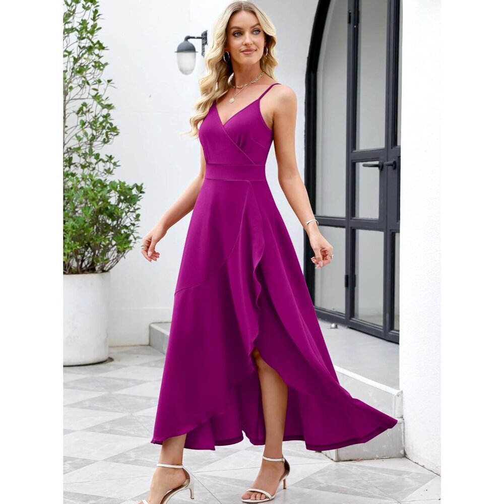 Women's Fuchsia Split V Neck Wrap Evening Party Cocktail Wedding Long Dress - Picture 3 of 7